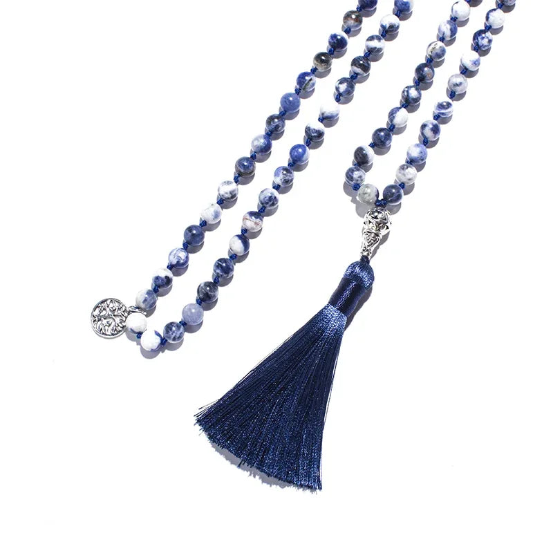 💙 Natural Flower Blue Sodalite Hand-Knotted 108 Mala Beads: The Stone of Truth & Inner Peace – Throat Chakra Healing Meditation Necklace & Yoga Rosary