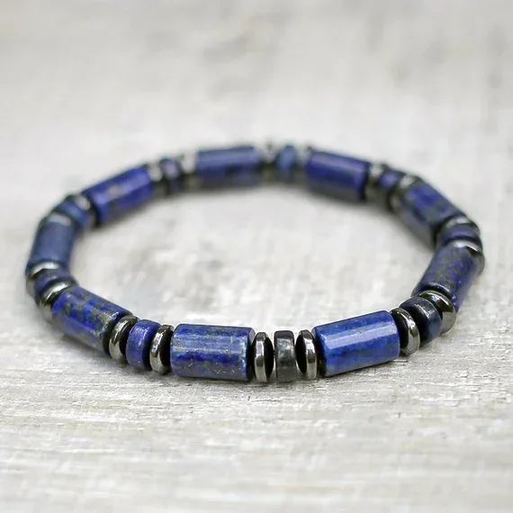 ✨ Lapis Lazuli & Pyrite Hematite Blue Bead Bracelet – Elegant Natural Stone Jewelry for Balance & Prosperity