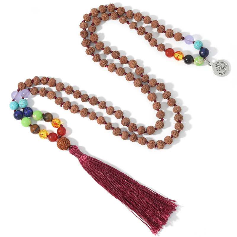 🕉️ Authentic Rudraksha & 7 Chakra Mala: 108 Bead Knotted Necklace with OM Pendant – Sacred "Tears of Shiva" Prayer Rosary for Meditation & Yoga