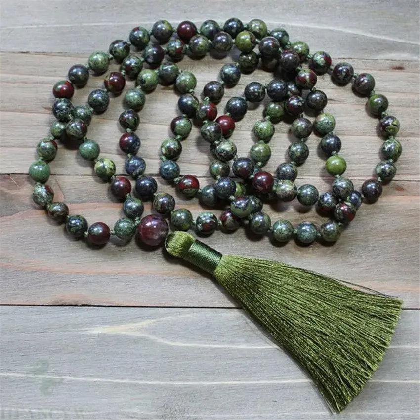 🐉 Natural Dragon Blood Jasper 108 Mala Beads (8mm): The Stone of Courage & Vitality – Heart Chakra Healing Necklace & Buddhist Prayer Japamala