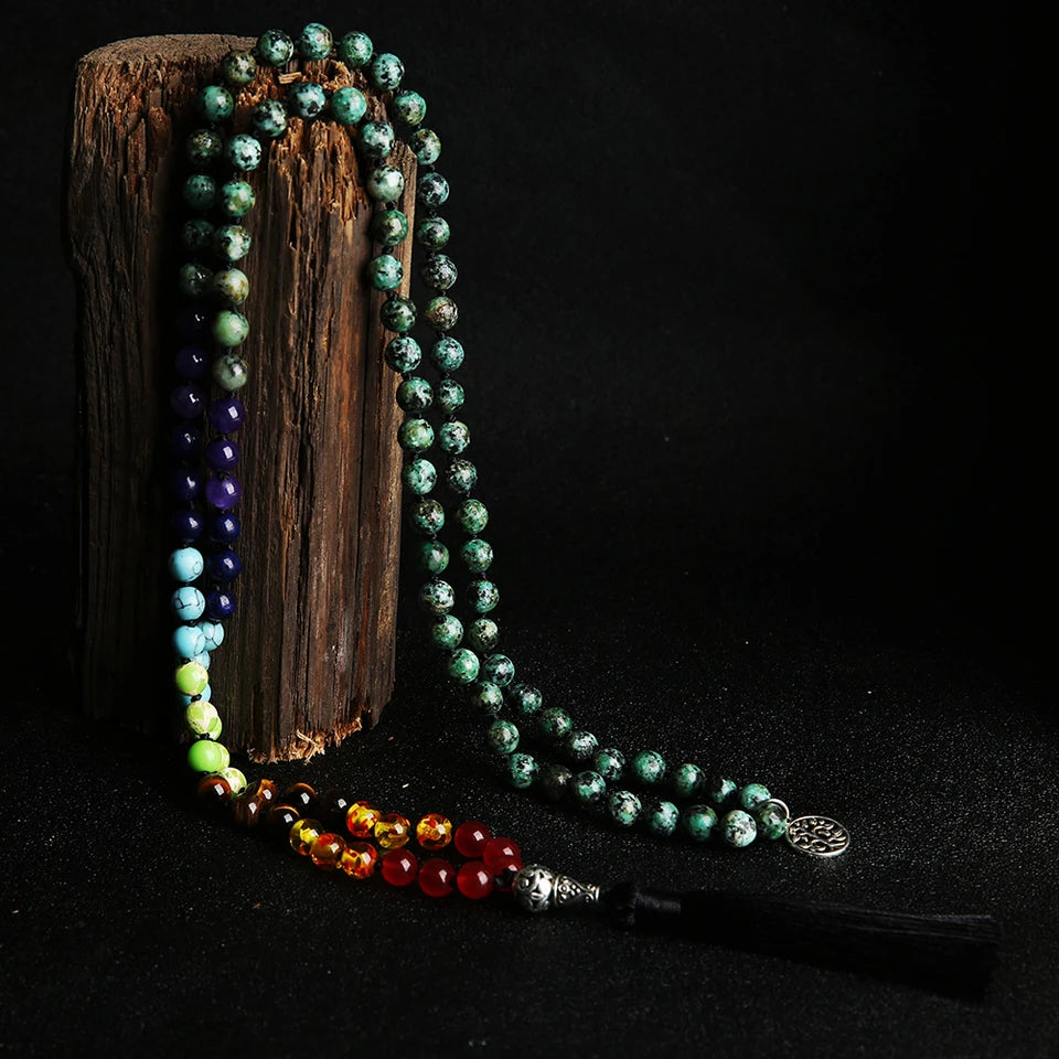 🌟African Turquoise "Evolution & Balance" 108 Mala – 8mm Knotted 7 Chakra Prayer Beads for Transformation &amp; Inner Peace 🧘♂️✨