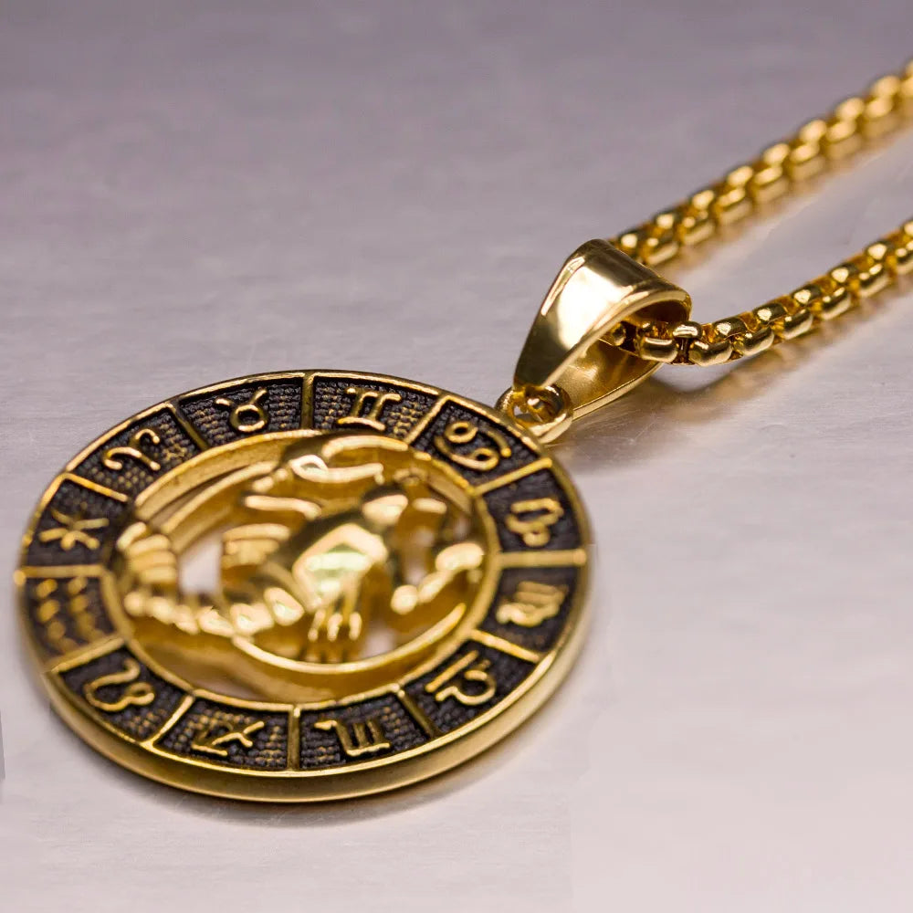 ♌♏ Zodiac Sign Leo Scorpio Pendant Necklace – Gold Color Stainless Steel Round 12 Constellation Design Unisex Astrology Jewelry Stylish Gift for Women and Men