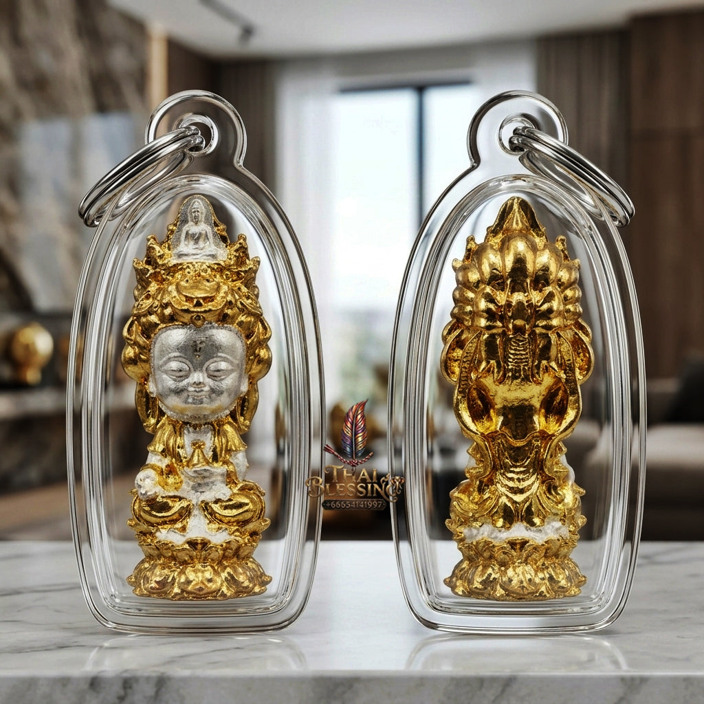 ✨ Jio Guanyin "Roy Larn" 2K Two-Tone Plated Bronze Amulet : Ultimate Wealth & Infinite Compassion Miniature Goddess (2569 / 2026 Edition) - Phra Ajarn Amnat / Mahaveero Meditation Practice Center
