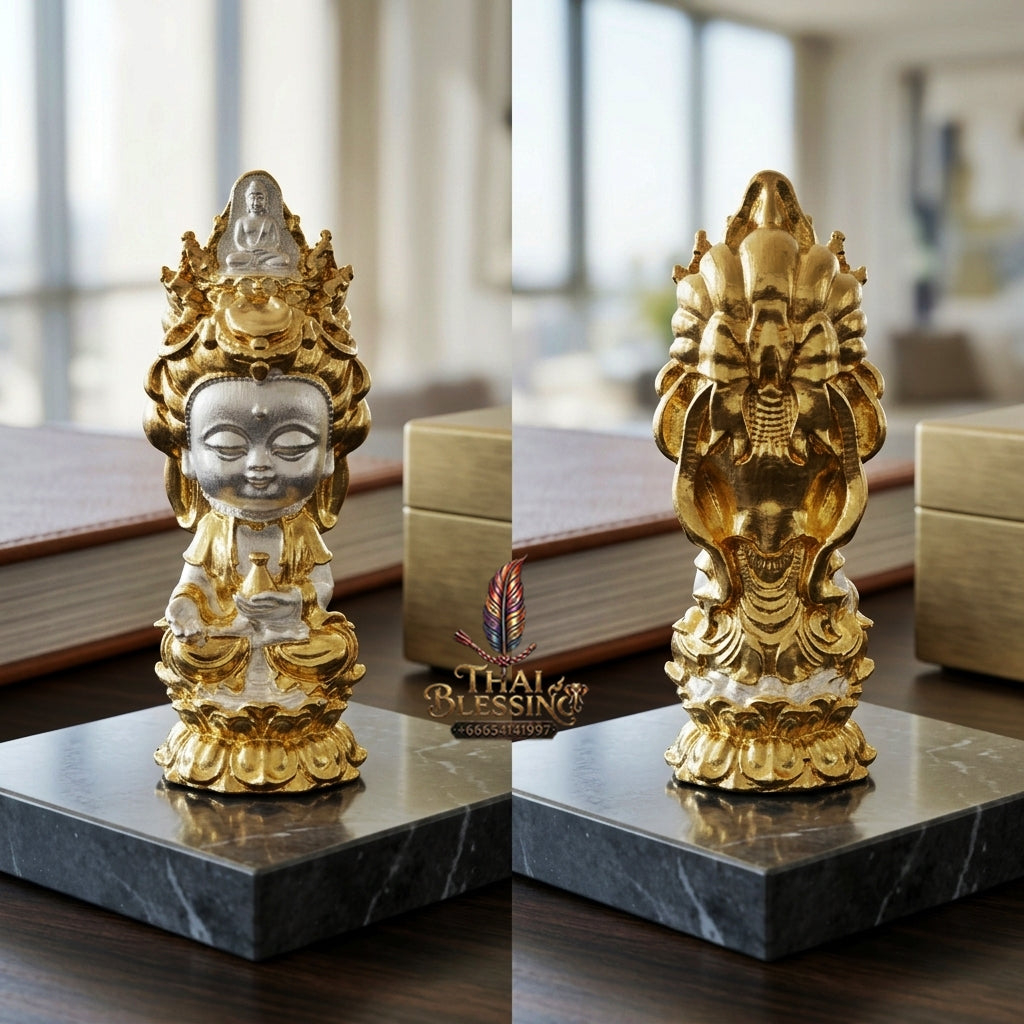 ✨ Jio Guanyin "Roy Larn" 2K Two-Tone Plated Bronze Amulet : Ultimate Wealth & Infinite Compassion Miniature Goddess (2569 / 2026 Edition) - Phra Ajarn Amnat / Mahaveero Meditation Practice Center