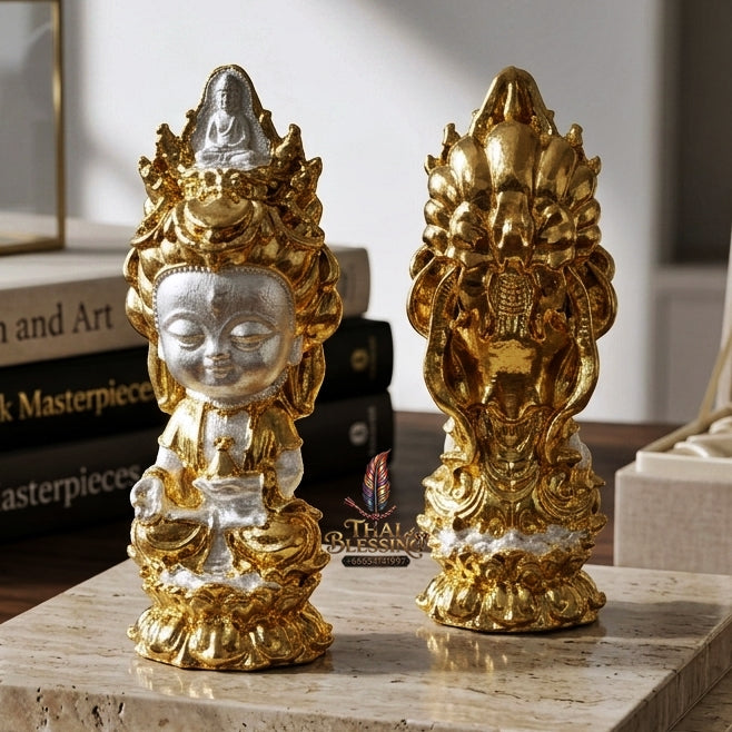 ✨ Jio Guanyin "Roy Larn" 2K Two-Tone Plated Bronze Amulet : Ultimate Wealth & Infinite Compassion Miniature Goddess (2569 / 2026 Edition) - Phra Ajarn Amnat / Mahaveero Meditation Practice Center