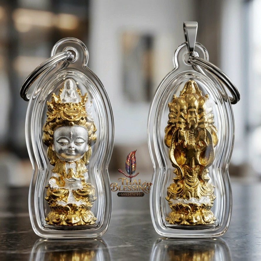 ✨ Jio Guanyin "Roy Larn" 2K Two-Tone Plated Bronze Amulet : Ultimate Wealth & Infinite Compassion Miniature Goddess (2569 / 2026 Edition) - Phra Ajarn Amnat / Mahaveero Meditation Practice Center