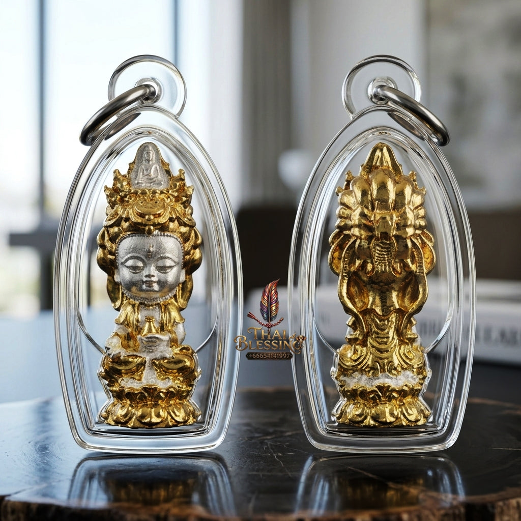✨ Jio Guanyin "Roy Larn" 2K Two-Tone Plated Bronze Amulet : Ultimate Wealth & Infinite Compassion Miniature Goddess (2569 / 2026 Edition) - Phra Ajarn Amnat / Mahaveero Meditation Practice Center