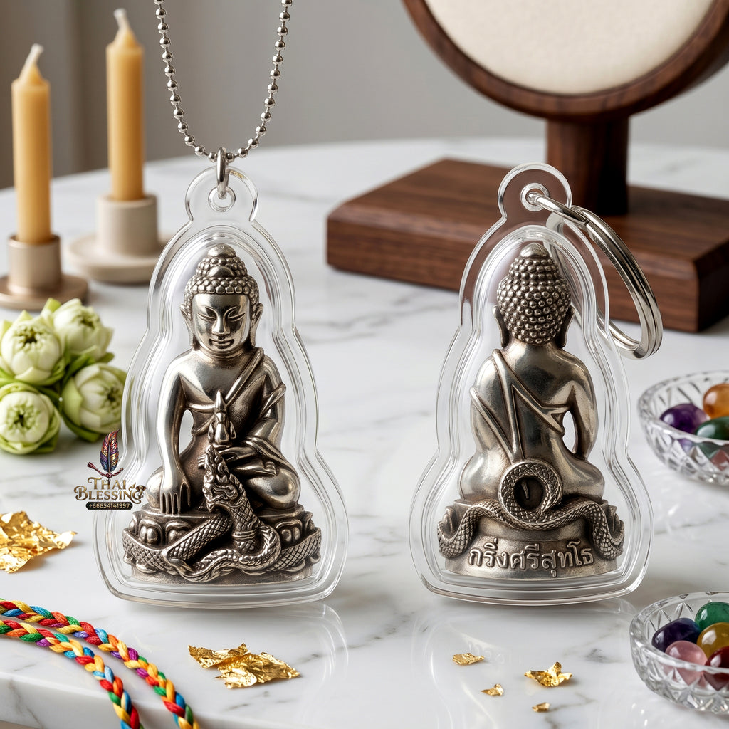 ✨👑🐍 Authentic Thai Amulet Sovereign Srisuttho Kring Node - Luang Pu Kambu White Gold Bronze Buddha, 2011 Ayu Wattana Asset