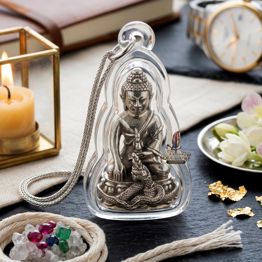 ✨👑🐍 Authentic Thai Amulet Sovereign Srisuttho Kring Node - Luang Pu Kambu White Gold Bronze Buddha, 2011 Ayu Wattana Asset