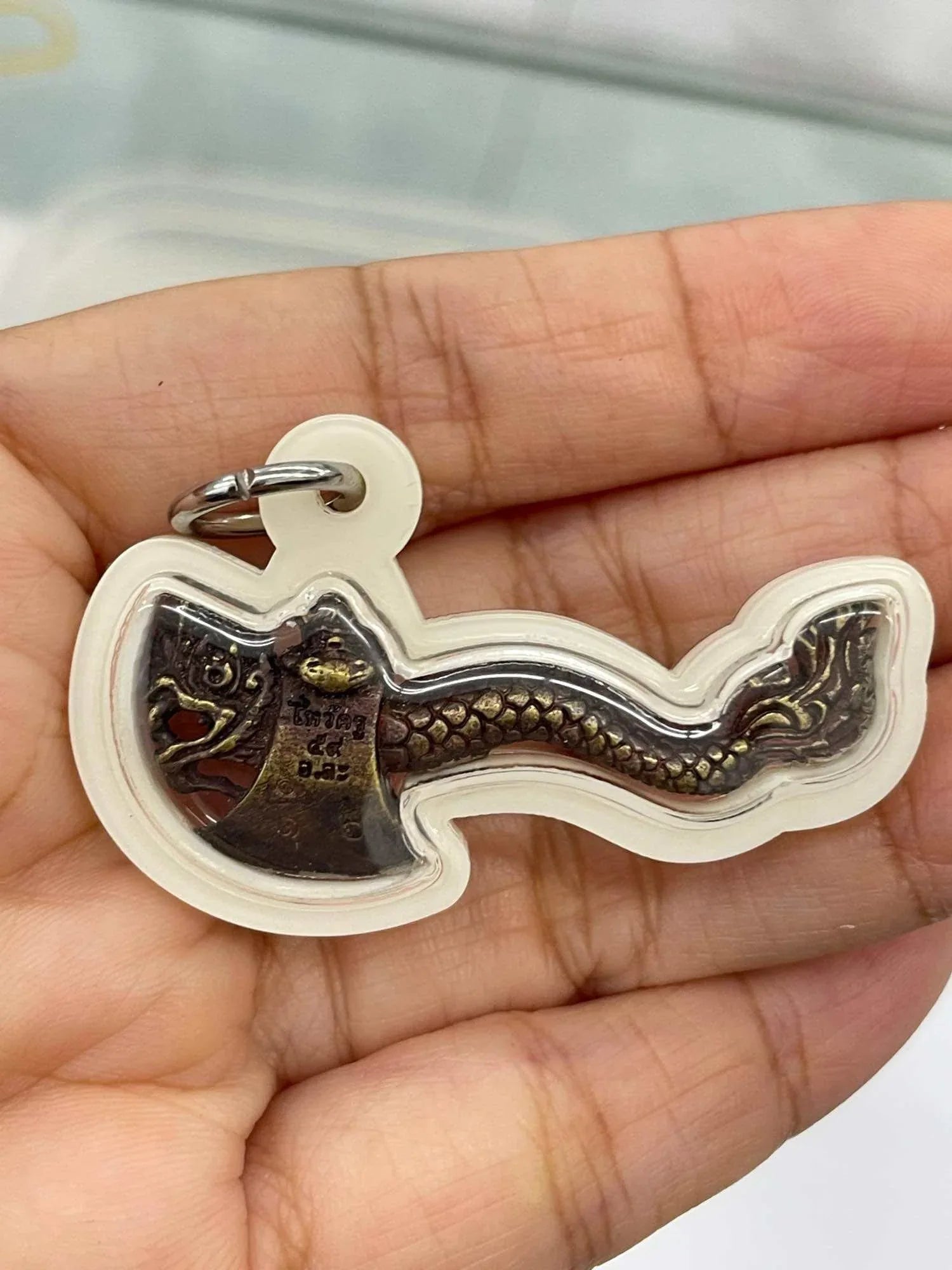 ✨ Maha Thep Weapon Axe Amulet – Sacred Bronze Gold-Plated Edition by Luang Por La, Wat Soi Suwan Waterproof Casing