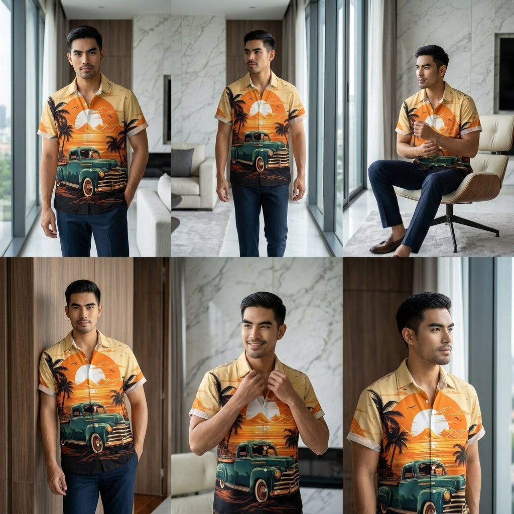 The Golden Era Edition Premium Men's 1970s-1980s Retro Pin-Up Hawaiian Shirt - High-Definition Vintage Poster Graphic Muscle Car Trousers Accent Shirt, Breathable Harajuku Streetwear Urban-Holiday Short-Sleeve Apparel