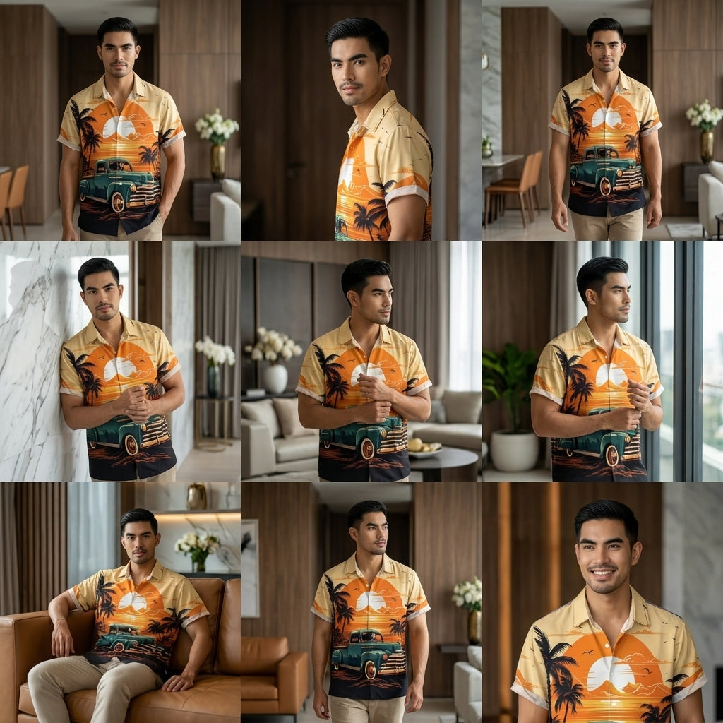 The Golden Era Edition Premium Men's 1970s-1980s Retro Pin-Up Hawaiian Shirt - High-Definition Vintage Poster Graphic Muscle Car Trousers Accent Shirt, Breathable Harajuku Streetwear Urban-Holiday Short-Sleeve Apparel