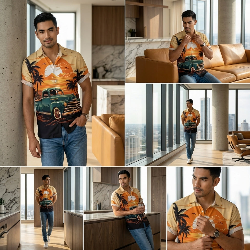 The Golden Era Edition Premium Men's 1970s-1980s Retro Pin-Up Hawaiian Shirt - High-Definition Vintage Poster Graphic Muscle Car Trousers Accent Shirt, Breathable Harajuku Streetwear Urban-Holiday Short-Sleeve Apparel