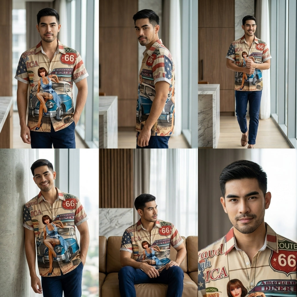 The Golden Era Edition Premium Men's 1970s-1980s Retro Pin-Up Hawaiian Shirt - High-Definition Vintage Poster Graphic Muscle Car Trousers Accent Shirt, Breathable Harajuku Streetwear Urban-Holiday Short-Sleeve Apparel