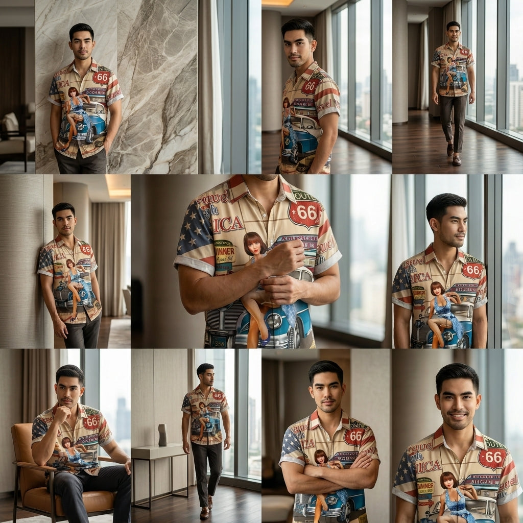 The Golden Era Edition Premium Men's 1970s-1980s Retro Pin-Up Hawaiian Shirt - High-Definition Vintage Poster Graphic Muscle Car Trousers Accent Shirt, Breathable Harajuku Streetwear Urban-Holiday Short-Sleeve Apparel