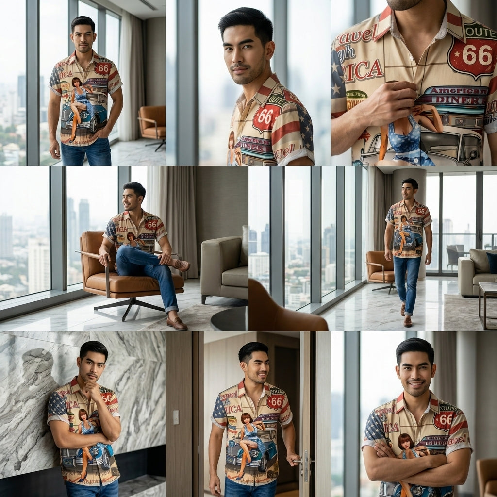 The Golden Era Edition Premium Men's 1970s-1980s Retro Pin-Up Hawaiian Shirt - High-Definition Vintage Poster Graphic Muscle Car Trousers Accent Shirt, Breathable Harajuku Streetwear Urban-Holiday Short-Sleeve Apparel