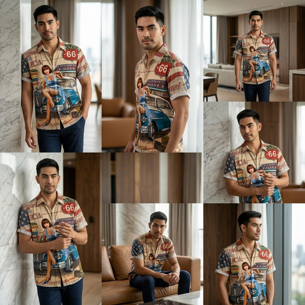 The Golden Era Edition Premium Men's 1970s-1980s Retro Pin-Up Hawaiian Shirt - High-Definition Vintage Poster Graphic Muscle Car Trousers Accent Shirt, Breathable Harajuku Streetwear Urban-Holiday Short-Sleeve Apparel