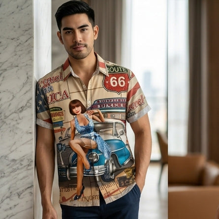 The Golden Era Edition Premium Men's 1970s-1980s Retro Pin-Up Hawaiian Shirt - High-Definition Vintage Poster Graphic Muscle Car Trousers Accent Shirt, Breathable Harajuku Streetwear Urban-Holiday Short-Sleeve Apparel