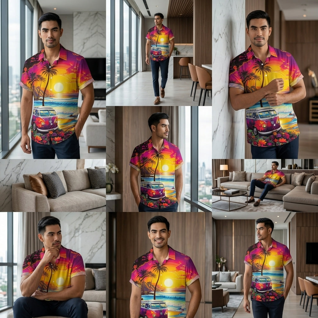 The Golden Era Edition Premium Men's 1970s-1980s Retro Pin-Up Hawaiian Shirt - High-Definition Vintage Poster Graphic Muscle Car Trousers Accent Shirt, Breathable Harajuku Streetwear Urban-Holiday Short-Sleeve Apparel