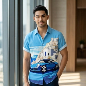 The Golden Era Edition Premium Men's 1970s-1980s Retro Pin-Up Hawaiian Shirt - High-Definition Vintage Poster Graphic Muscle Car Trousers Accent Shirt, Breathable Harajuku Streetwear Urban-Holiday Short-Sleeve Apparel