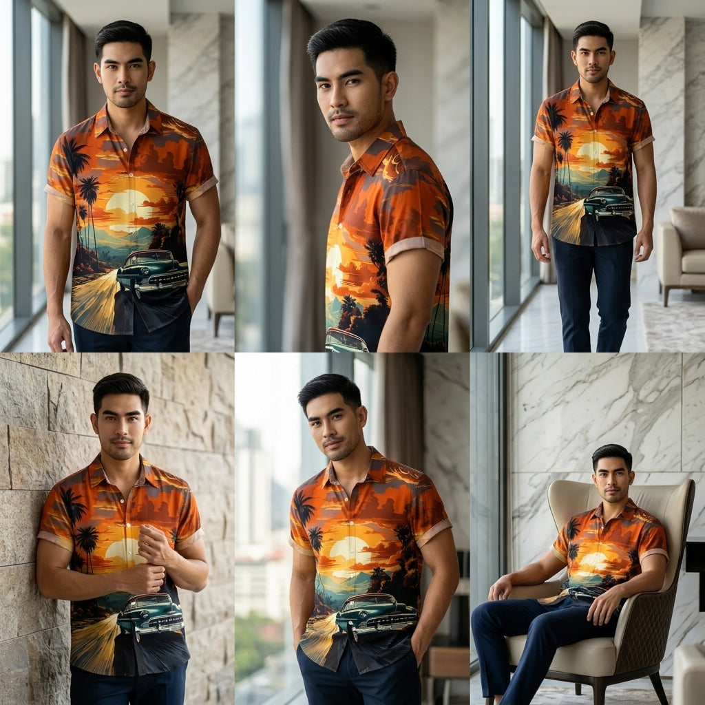The Golden Era Edition Premium Men's 1970s-1980s Retro Pin-Up Hawaiian Shirt - High-Definition Vintage Poster Graphic Muscle Car Trousers Accent Shirt, Breathable Harajuku Streetwear Urban-Holiday Short-Sleeve Apparel
