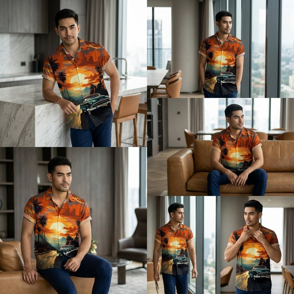 The Golden Era Edition Premium Men's 1970s-1980s Retro Pin-Up Hawaiian Shirt - High-Definition Vintage Poster Graphic Muscle Car Trousers Accent Shirt, Breathable Harajuku Streetwear Urban-Holiday Short-Sleeve Apparel