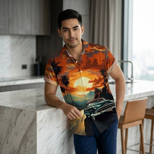 The Golden Era Edition Premium Men's 1970s-1980s Retro Pin-Up Hawaiian Shirt - High-Definition Vintage Poster Graphic Muscle Car Trousers Accent Shirt, Breathable Harajuku Streetwear Urban-Holiday Short-Sleeve Apparel
