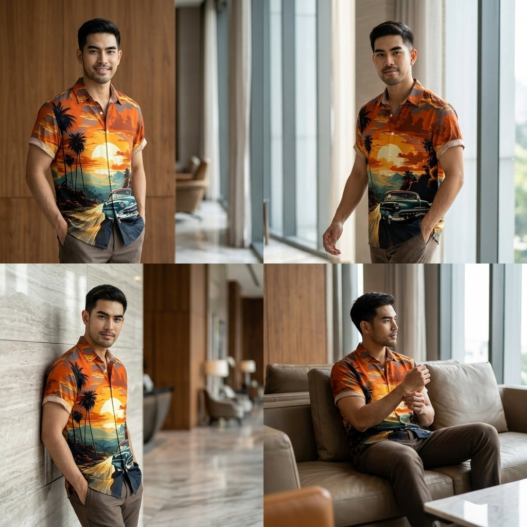 The Golden Era Edition Premium Men's 1970s-1980s Retro Pin-Up Hawaiian Shirt - High-Definition Vintage Poster Graphic Muscle Car Trousers Accent Shirt, Breathable Harajuku Streetwear Urban-Holiday Short-Sleeve Apparel