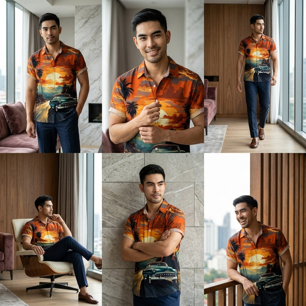 The Golden Era Edition Premium Men's 1970s-1980s Retro Pin-Up Hawaiian Shirt - High-Definition Vintage Poster Graphic Muscle Car Trousers Accent Shirt, Breathable Harajuku Streetwear Urban-Holiday Short-Sleeve Apparel