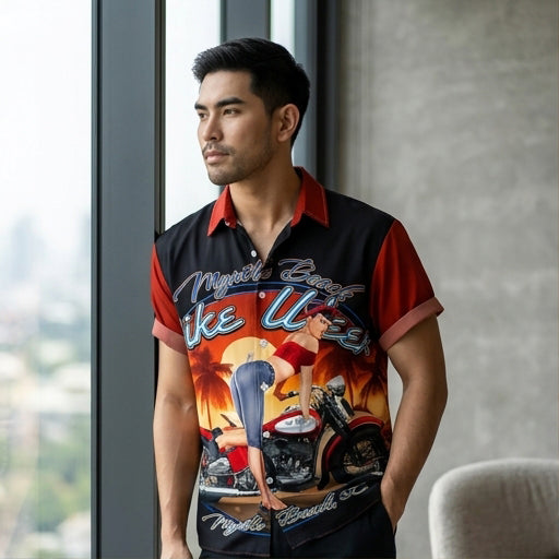 The Golden Era Edition Premium Men's 1970s-1980s Retro Pin-Up Hawaiian Shirt - High-Definition Vintage Poster Graphic Muscle Car Trousers Accent Shirt, Breathable Harajuku Streetwear Urban-Holiday Short-Sleeve Apparel