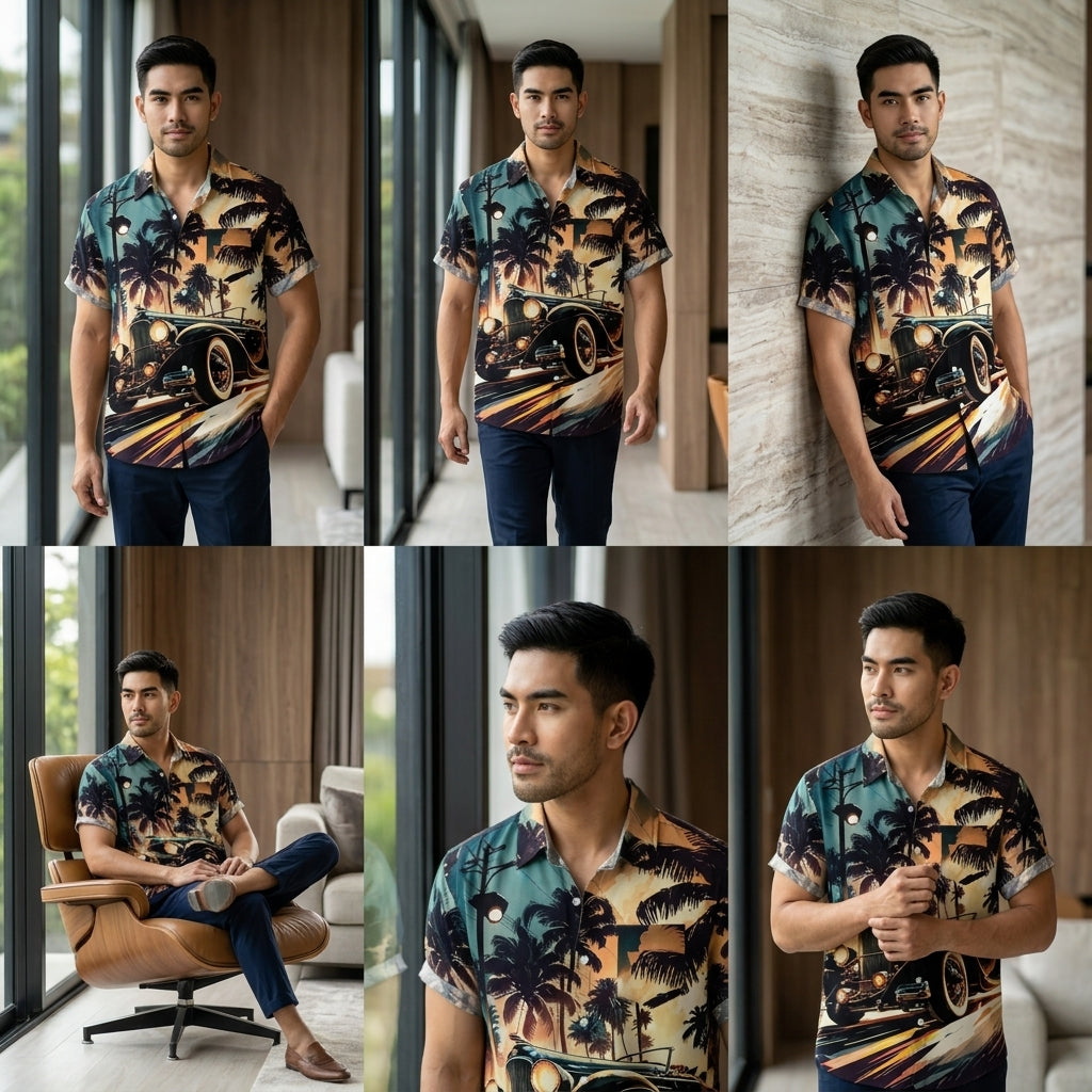 The Golden Era Edition Premium Men's 1970s-1980s Retro Pin-Up Hawaiian Shirt - High-Definition Vintage Poster Graphic Muscle Car Trousers Accent Shirt, Breathable Harajuku Streetwear Urban-Holiday Short-Sleeve Apparel