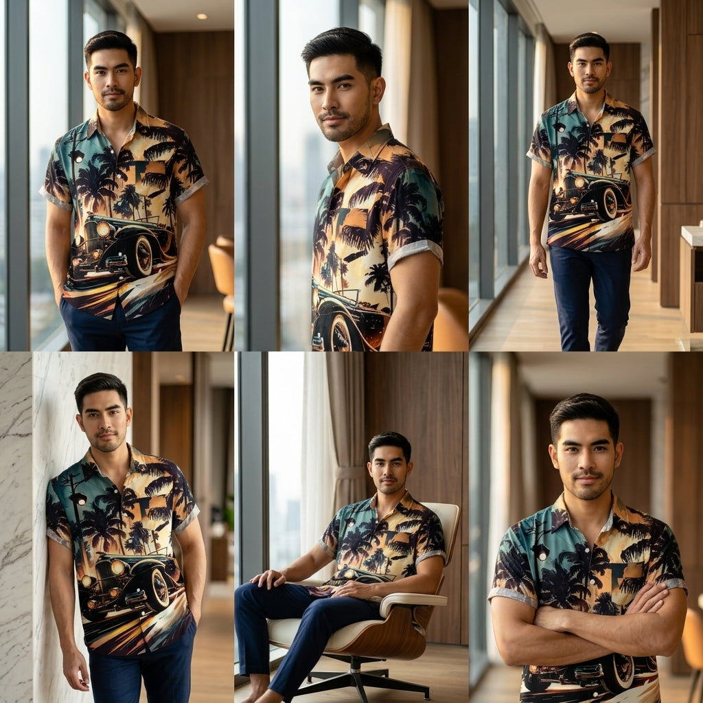 The Golden Era Edition Premium Men's 1970s-1980s Retro Pin-Up Hawaiian Shirt - High-Definition Vintage Poster Graphic Muscle Car Trousers Accent Shirt, Breathable Harajuku Streetwear Urban-Holiday Short-Sleeve Apparel