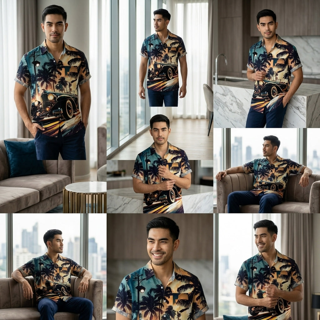 The Golden Era Edition Premium Men's 1970s-1980s Retro Pin-Up Hawaiian Shirt - High-Definition Vintage Poster Graphic Muscle Car Trousers Accent Shirt, Breathable Harajuku Streetwear Urban-Holiday Short-Sleeve Apparel