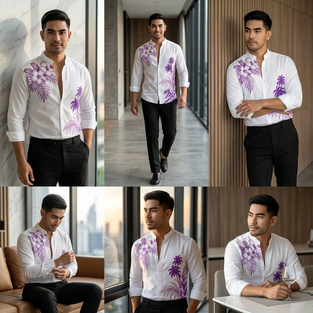 The Vintage Botanical Edition Premium Men's 3D Floral Long-Sleeve Shirt - High-Definition Retro Graphic Print Classic Turn-Down Collar, Breathable Lightweight Performance Fabric Summer Dress Apparel