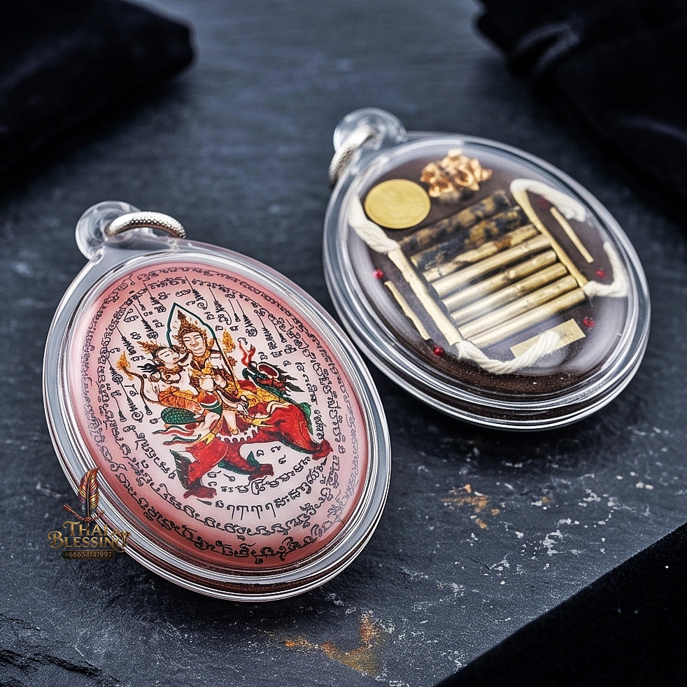 Master-Grade Esoteric Phet Phayathorn Maha Saneh Celestial Deity & Sovereign Attraction Jumbo Pink-Background Sacred Locket Edition Luang Pu In Wat Nong Mek Surin 2015 Thai Amulet Collectible
