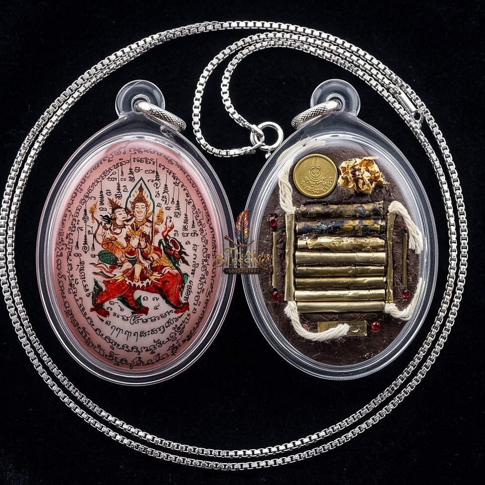 Master-Grade Esoteric Phet Phayathorn Maha Saneh Celestial Deity & Sovereign Attraction Jumbo Pink-Background Sacred Locket Edition Luang Pu In Wat Nong Mek Surin 2015 Thai Amulet Collectible