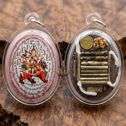 Master-Grade Esoteric Phet Phayathorn Maha Saneh Celestial Deity & Sovereign Attraction Jumbo Pink-Background Sacred Locket Edition Luang Pu In Wat Nong Mek Surin 2015 Thai Amulet Collectible