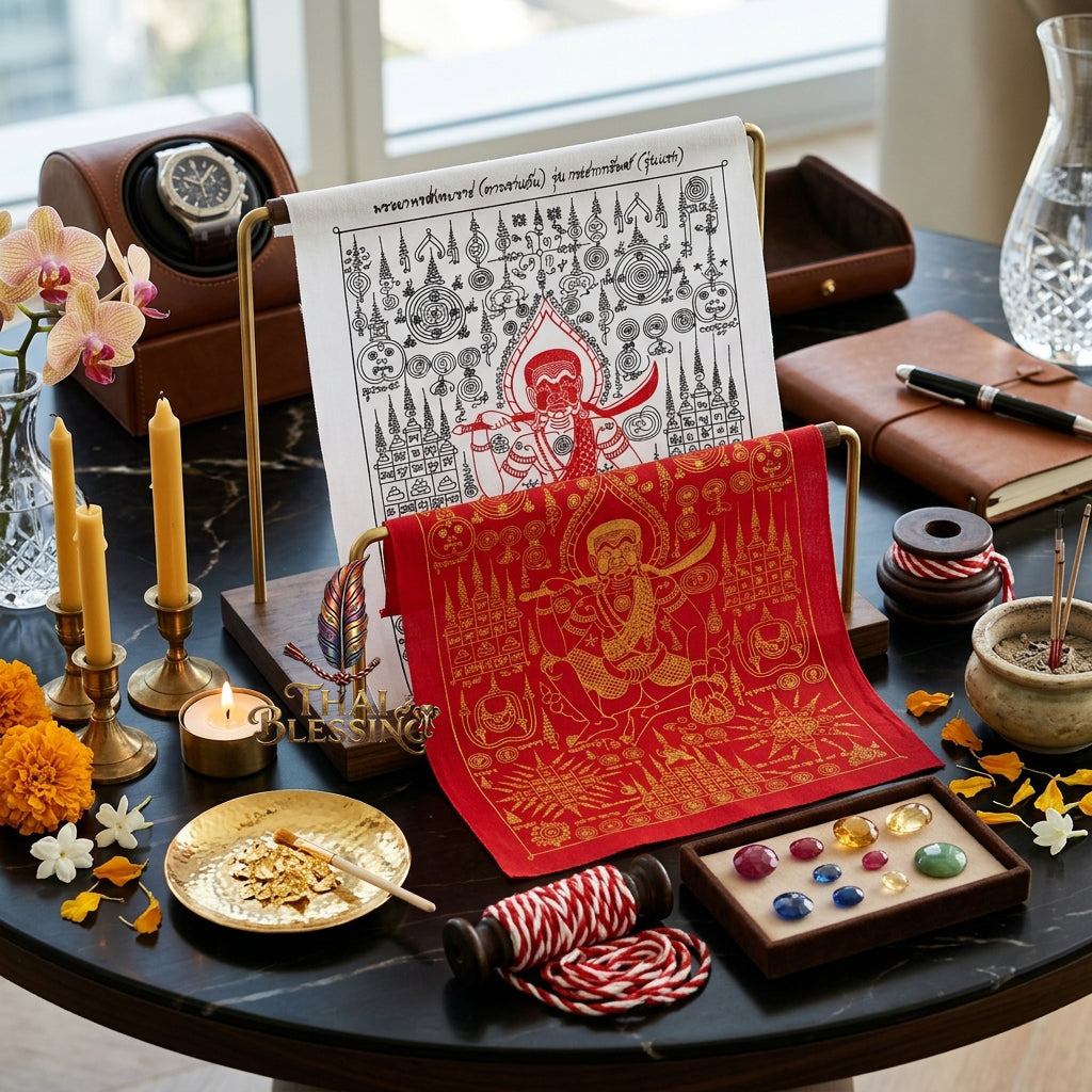 ✨🎭 Ancient Thai Ta Phran Jan Yantra Cloth - First Edition Wealth Snatcher Scroll, Royal Lanna Mystical Protection Shield, Southern Charisma Aura Art