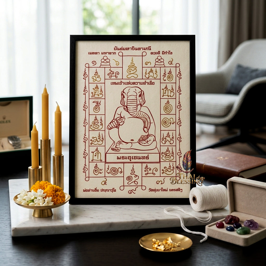 ✨🐘 Sacred Phra Uchen Triumphant Elephant Monarch Yantra Cloth - Phor Than Im Wat Thung Na Mai 106th Anniversary Legacy Scroll, Ultimate Obstacle Dissolver & Wealth Matrix, Premium Corporate Command Spiritual Wall Art