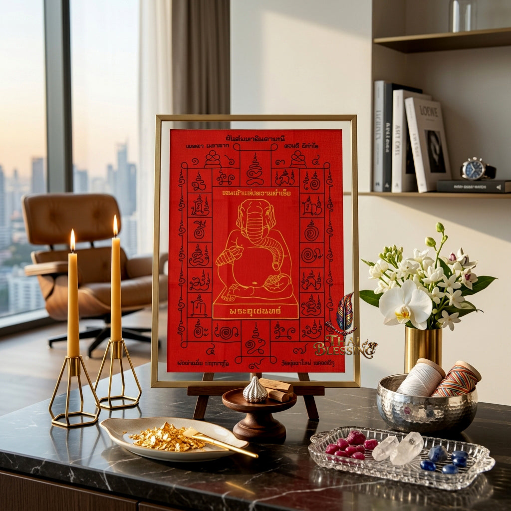 ✨🐘 Sacred Phra Uchen Triumphant Elephant Monarch Yantra Cloth - Phor Than Im Wat Thung Na Mai 106th Anniversary Legacy Scroll, Ultimate Obstacle Dissolver & Wealth Matrix, Premium Corporate Command Spiritual Wall Art