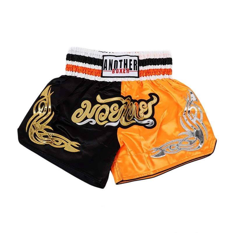 🥊 The Heritage Elite: Authentic Premium Satin Muay Thai Shorts – Ultra-Soft High-Gloss Boxing Trunks, Handcrafted Multi-Size Elastic Waistband, Factory-Direct Export Grade for Adults and Kids (Orange and black Muay Thai shorts)