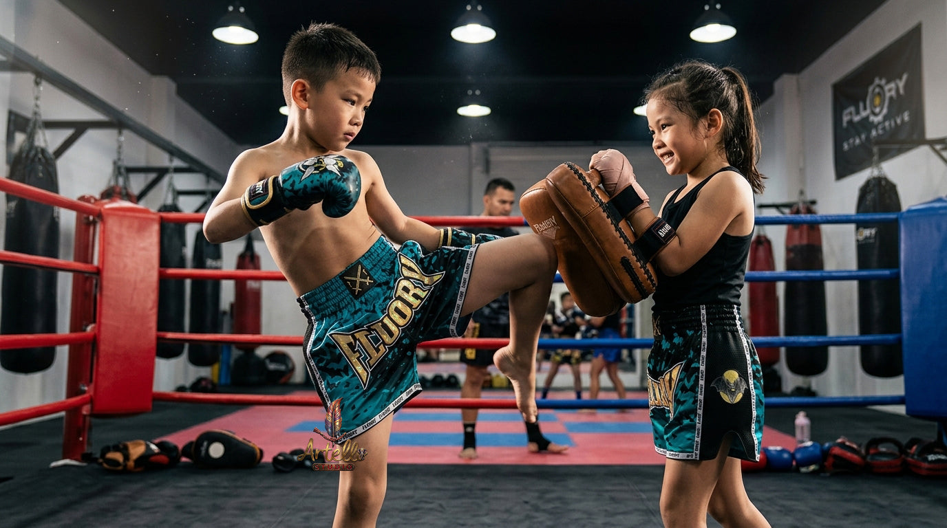 🥊 FLUORY Professional Muay Thai Shorts - High-Performance Polyester Training Trunks for Men, Women & Kids - Quick-Dry Breathable Kickboxing Gear - Advanced Combat Sports Apparel for MMA & Boxing Excellence