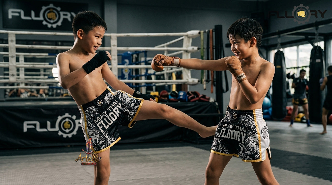 🥊 FLUORY Professional Muay Thai Shorts - High-Performance Polyester Training Trunks for Men, Women & Kids - Quick-Dry Breathable Kickboxing Gear - Advanced Combat Sports Apparel for MMA & Boxing Excellence