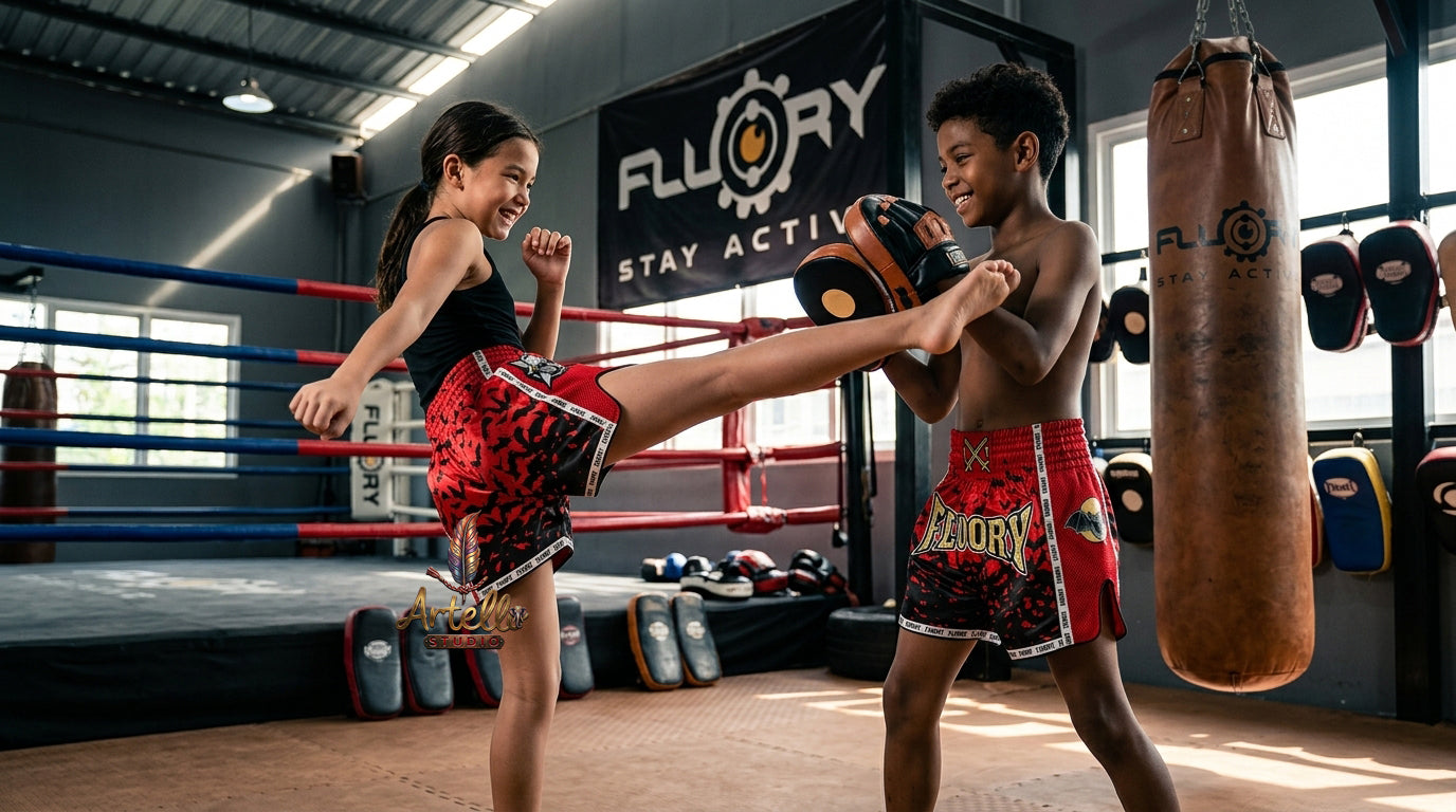 🥊 FLUORY Professional Muay Thai Shorts - High-Performance Polyester Training Trunks for Men, Women & Kids - Quick-Dry Breathable Kickboxing Gear - Advanced Combat Sports Apparel for MMA & Boxing Excellence