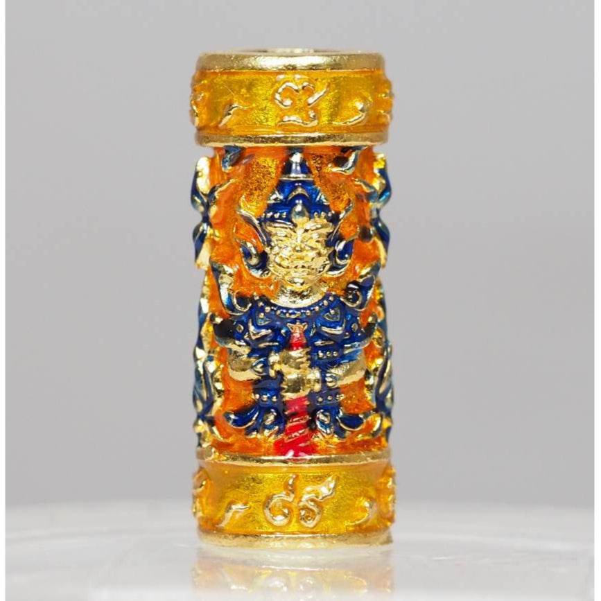 Orange-Enamel Gold-Plated Twin-Faced Wessuwan Takrud – Setthi Bucha Kru Edition (Blessed by Luang Phor Prong, Serial-Coded) - Thai Blessing Co