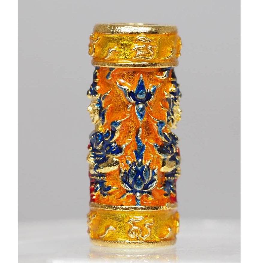 Orange-Enamel Gold-Plated Twin-Faced Wessuwan Takrud – Setthi Bucha Kru Edition (Blessed by Luang Phor Prong, Serial-Coded) - Thai Blessing Co
