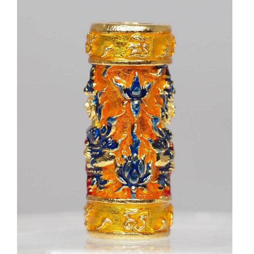 Orange-Enamel Gold-Plated Takrud - Twin-Faced Wessuwan Setthi Bucha Kru Edition Blessed by Luang Phor Prong with Serial Code
