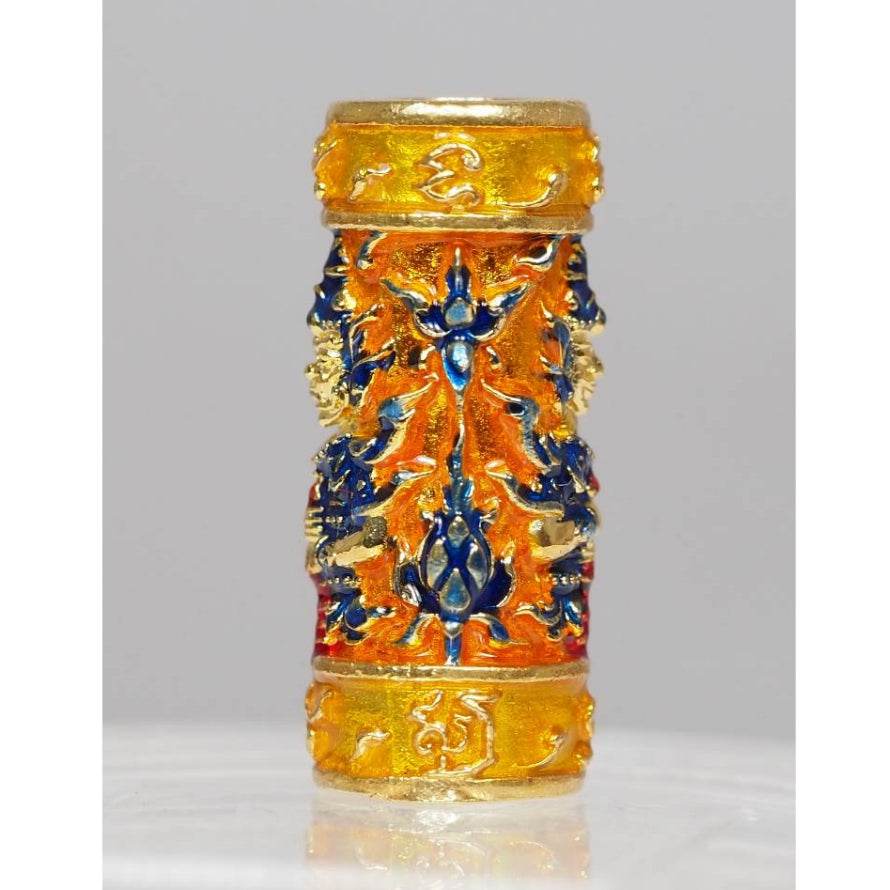 Orange-Enamel Gold-Plated Twin-Faced Wessuwan Takrud – Setthi Bucha Kru Edition (Blessed by Luang Phor Prong, Serial-Coded) - Thai Blessing Co