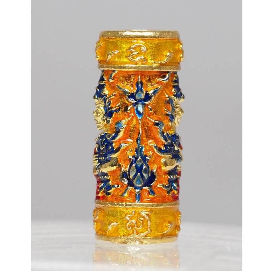 Orange-Enamel Gold-Plated Takrud - Twin-Faced Wessuwan Setthi Bucha Kru Edition Blessed by Luang Phor Prong with Serial Code