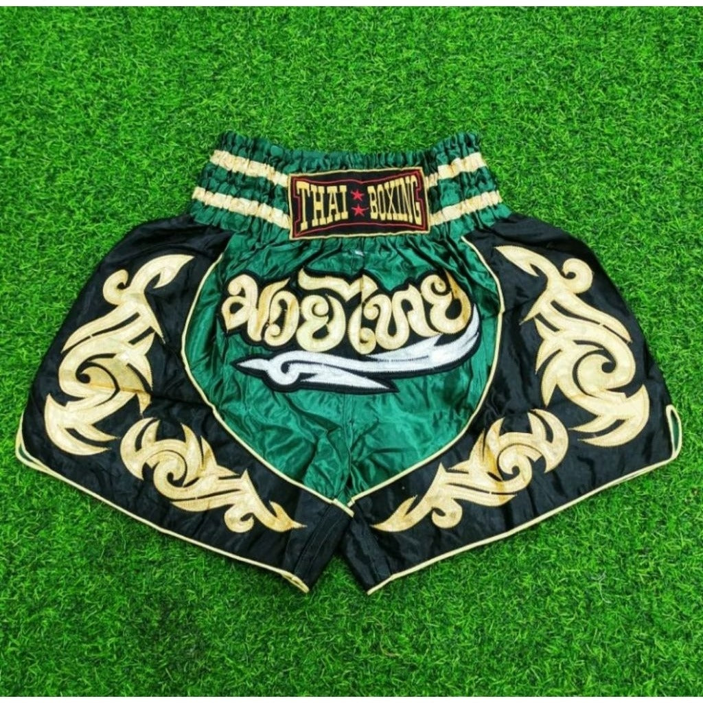 🥊The Warrior’s Glory: Authentic Premium Thai Pattern Muay Thai Shorts – Double-Layered Professional Satin Boxing Trunks, Handcrafted Factory-Direct Export Grade for Adults and Kids (Green and black Muay Thai shorts)
